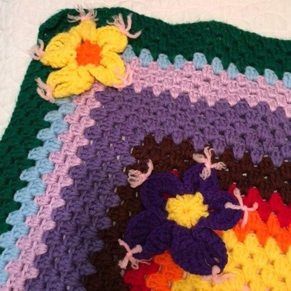 Rainbow 3D Flowers Crochet Throw Afghan Blanket - Picture 5 of 10